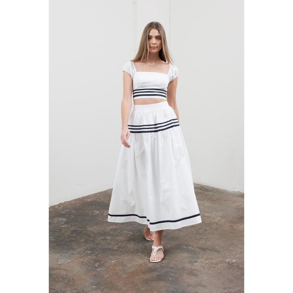Moon River Stripe Shirred Crop Top & Midi Skirt Set NWT Size S 2-Piece Outfit - Picture 2 of 7